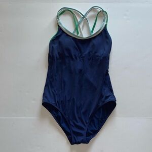 Boden Dark Blue With Light Blue, White And Green Cross Back Straps Swimsuit